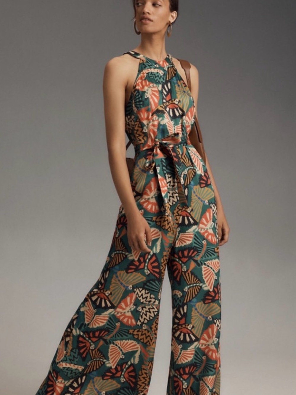 FARM Rio Teal & Coral Fan-Print Halter Wide-Leg Jumpsuit